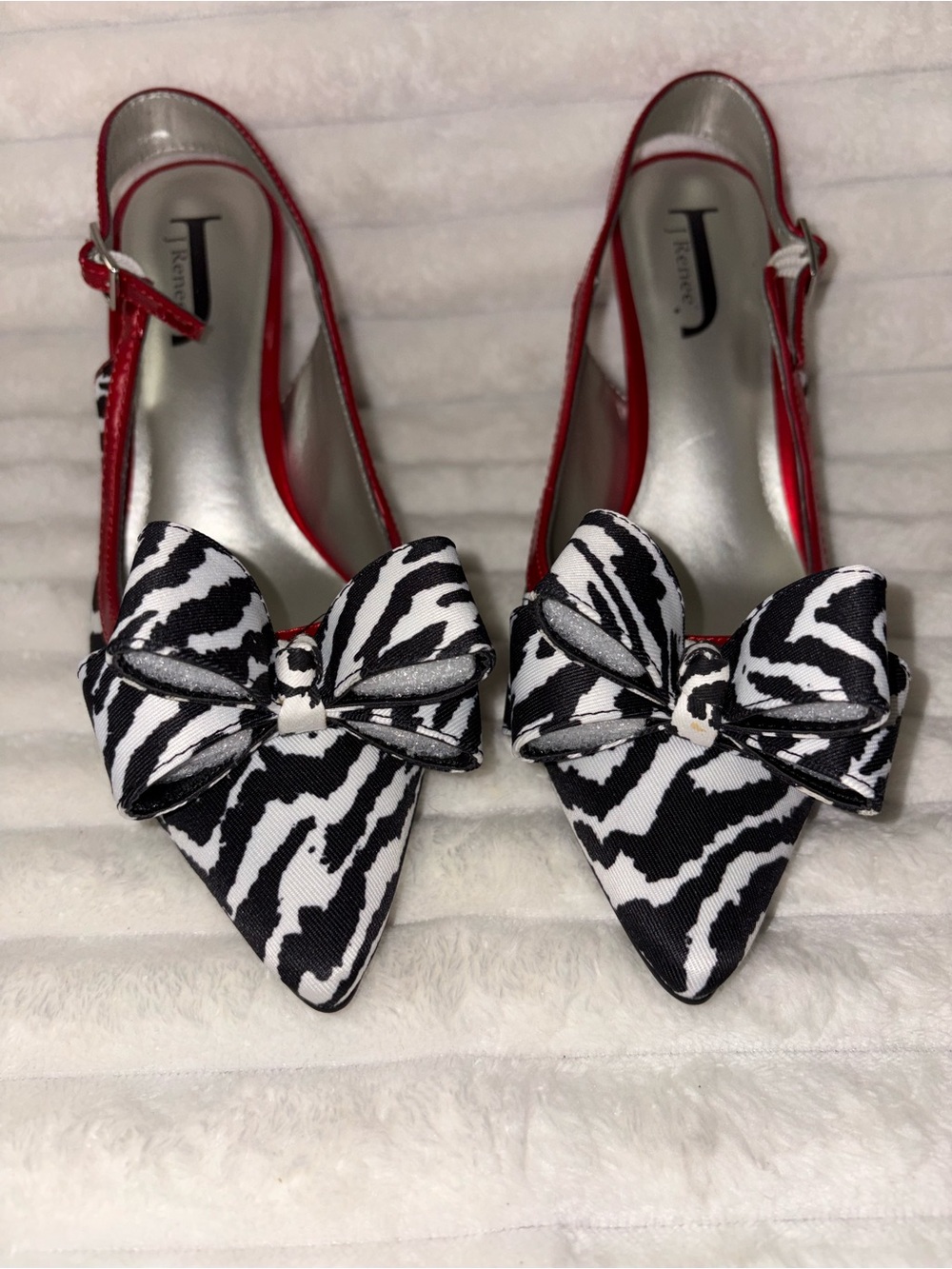 J.Renee Red Slingback Heels with Black & White Zebra Bow 8M